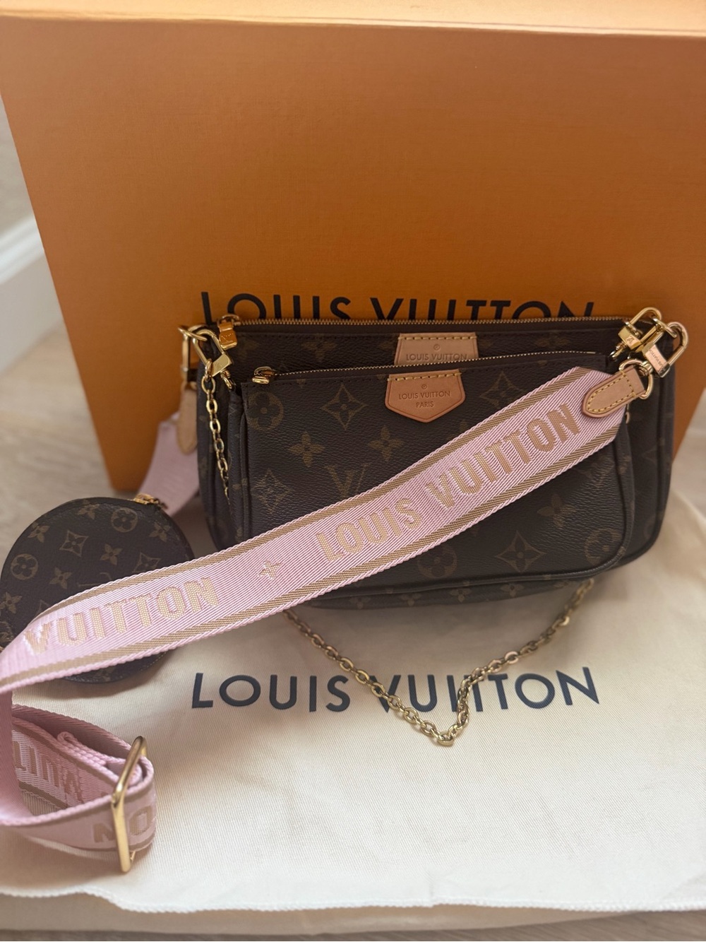 Louis Vuitton Brown Monogram Multi Pochette with Pink Strap Accent